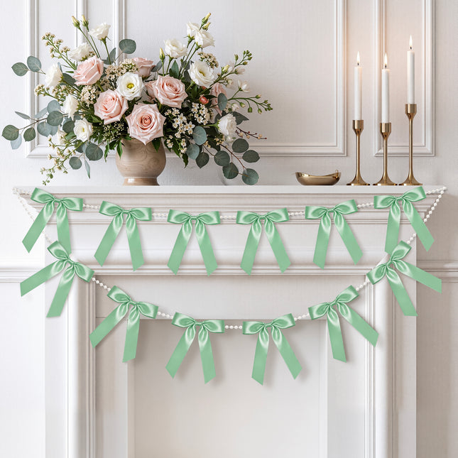 FLAIR GIFTS 2 Strings Sage Green Bow Garland Banner, 6.5ft Pearl Chain Pre-Strung Satin Ribbon for Woodland Baby Shower, Garden Wedding, Forest First Birthday, Neutral Nursery & Botanical Party Decor