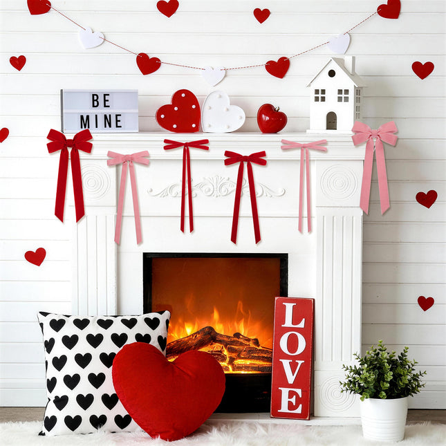 24 Pcs Pink & Red Vintage Velvet Bows Ornaments, 5x10 Inch Luxury 3-Sizes for Baby Bridal Shower Birthday Christmas Tree Valentine's Day, Reusable Coquette Room Wall Backdrop Photo Decoration