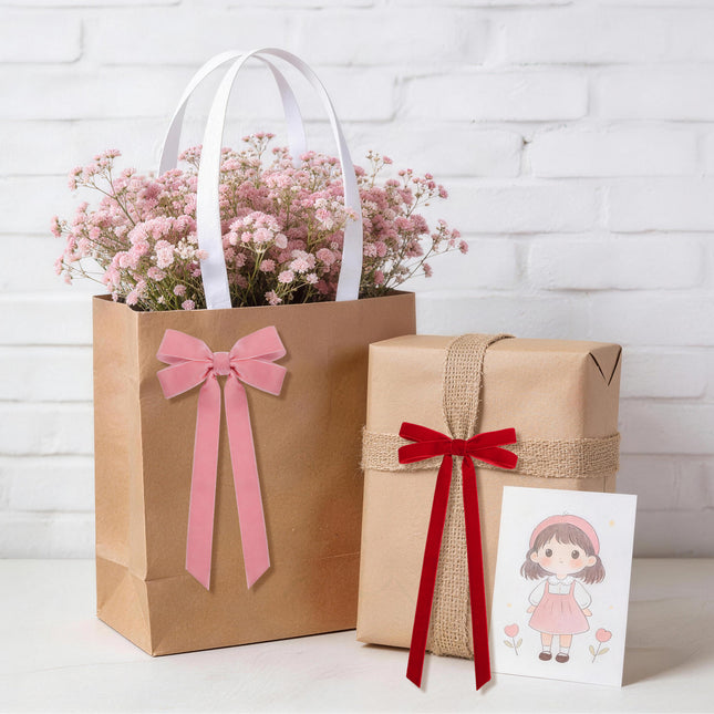 24 Pcs Pink & Red Vintage Velvet Bows Ornaments, 5x10 Inch Luxury 3-Sizes for Baby Bridal Shower Birthday Christmas Tree Valentine's Day, Reusable Coquette Room Wall Backdrop Photo Decoration