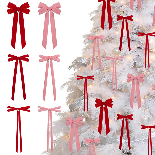 24 Pcs Pink & Red Vintage Velvet Bows Ornaments, 5x10 Inch Luxury 3-Sizes for Baby Bridal Shower Birthday Christmas Tree Valentine's Day, Reusable Coquette Room Wall Backdrop Photo Decoration