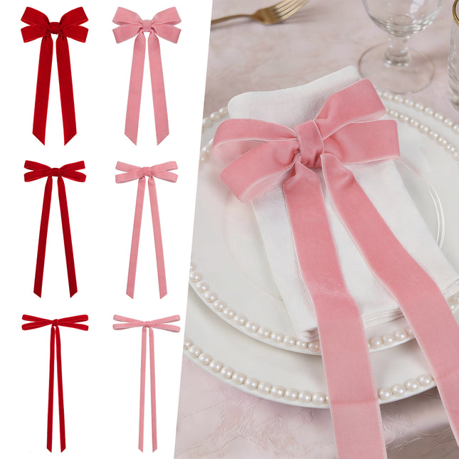24 Pcs Pink & Red Vintage Velvet Bows Ornaments, 5x10 Inch Luxury 3-Sizes for Baby Bridal Shower Birthday Christmas Tree Valentine's Day, Reusable Coquette Room Wall Backdrop Photo Decoration