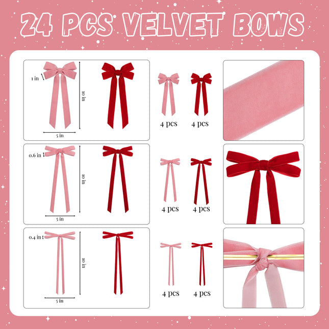 24 Pcs Pink & Red Vintage Velvet Bows Ornaments, 5x10 Inch Luxury 3-Sizes for Baby Bridal Shower Birthday Christmas Tree Valentine's Day, Reusable Coquette Room Wall Backdrop Photo Decoration