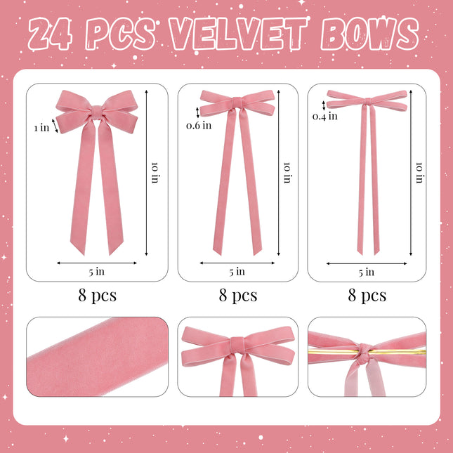 FLAIR GIFTS 24 Pcs Pink Vintage Velvet Bows Ornaments, 5x10 Inch Luxury 3 Assorted Widths for Baby Shower Bridal Christmas Birthday Valentine's Day, Reusable Coquette Room Wall Backdrop Photo Decor