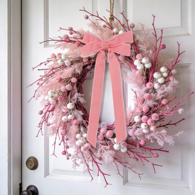 FLAIR GIFTS 24 Pcs Pink Vintage Velvet Bows Ornaments, 5x10 Inch Luxury 3 Assorted Widths for Baby Shower Bridal Christmas Birthday Valentine's Day, Reusable Coquette Room Wall Backdrop Photo Decor
