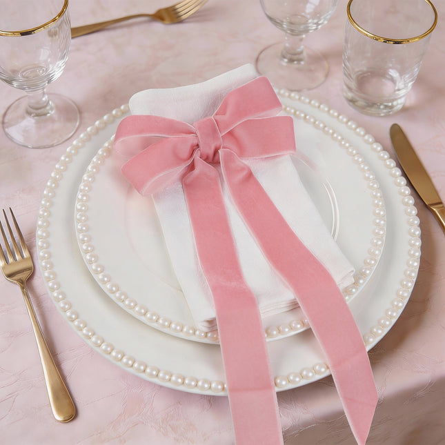 FLAIR GIFTS 24 Pcs Pink Vintage Velvet Bows Ornaments, 5x10 Inch Luxury 3 Assorted Widths for Baby Shower Bridal Christmas Birthday Valentine's Day, Reusable Coquette Room Wall Backdrop Photo Decor