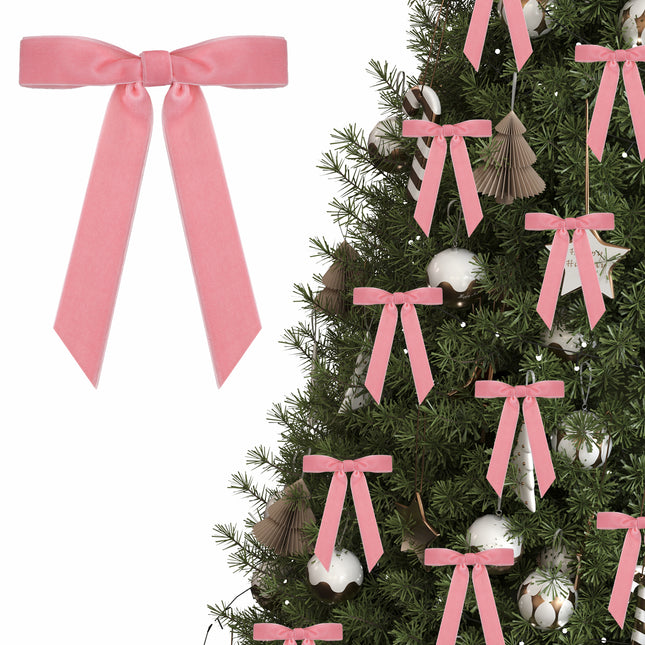 Valentine's Day Decor, 24 Pcs Pink Vintage Velvet Bows Ornaments, 5x7 Inch Luxury Bow for Baby Bridal Shower Christmas Tree Birthday Party, Reusable Coquette Room Wall Mantel Table Decoration