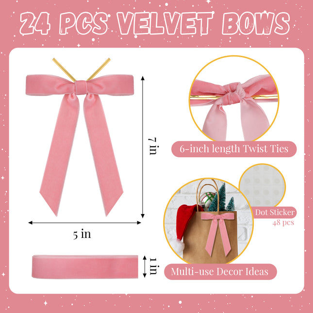 Valentine's Day Decor, 24 Pcs Pink Vintage Velvet Bows Ornaments, 5x7 Inch Luxury Bow for Baby Bridal Shower Christmas Tree Birthday Party, Reusable Coquette Room Wall Mantel Table Decoration
