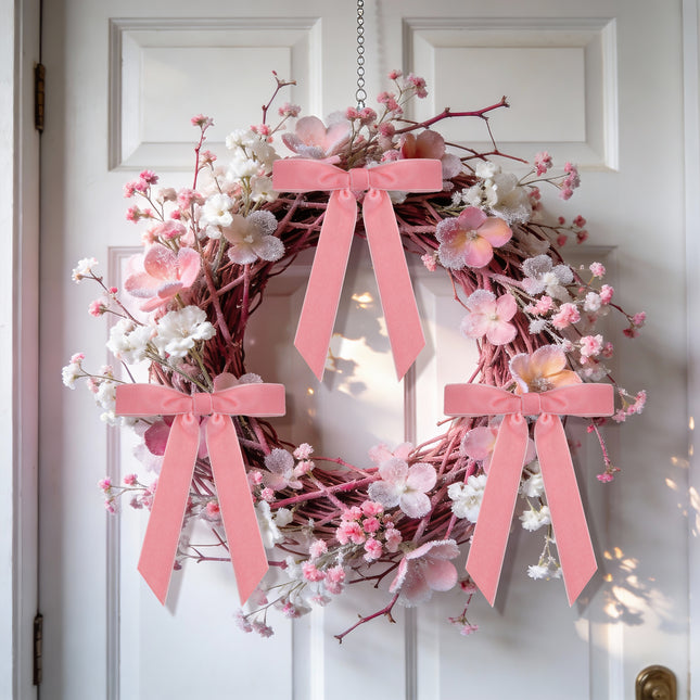 Valentine's Day Decor, 24 Pcs Pink Vintage Velvet Bows Ornaments, 5x7 Inch Luxury Bow for Baby Bridal Shower Christmas Tree Birthday Party, Reusable Coquette Room Wall Mantel Table Decoration