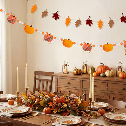 FLAIR GIFTS 2-Pack Fall Felt Garland, 8ft 3D Stuffed Pumpkin & Maple Leaves Banner with Pom Poms, Pre-Strung Autumn Bunting for Thanksgiving Mantel, Farmhouse Halloween Decor, Harvest Party Supplies