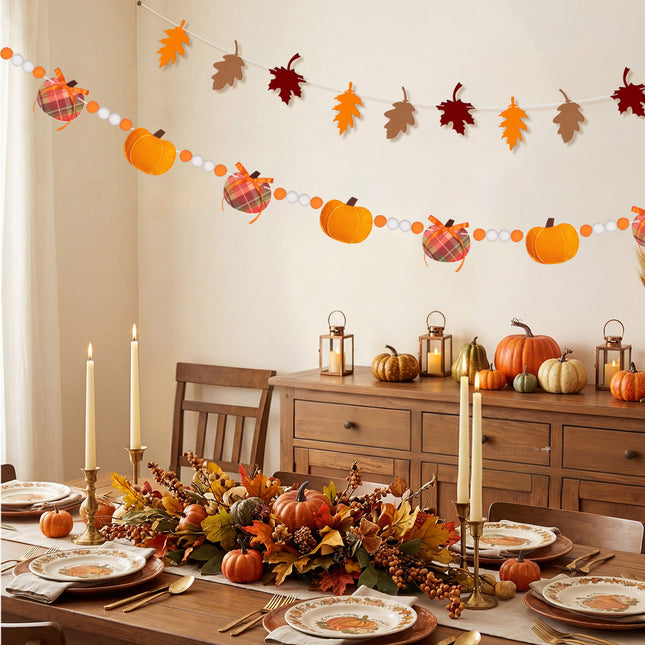 FLAIR GIFTS 2-Pack Fall Felt Garland, 8ft 3D Stuffed Pumpkin & Maple Leaves Banner with Pom Poms, Pre-Strung Autumn Bunting for Thanksgiving Mantel, Farmhouse Halloween Decor, Harvest Party Supplies