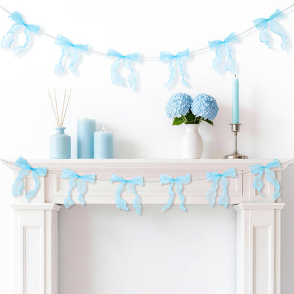 FLAIR GIFTS 2 Strings Blue Bow Garland Banner, Pre-Strung Fish-Tail Organza Ribbon with 6.5ft Pearl Chain for Baby Shower, Bridal Shower, Wedding, Engagement, Graduation & Anniversary Party Decor