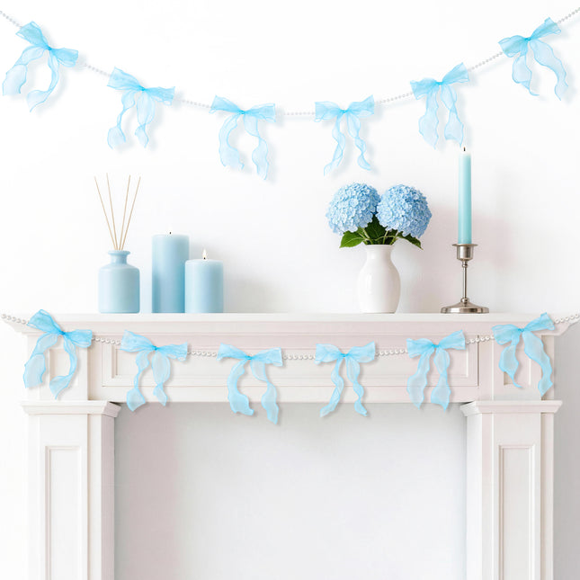FLAIR GIFTS 2 Strings Blue Bow Garland Banner, Pre-Strung Fish-Tail Organza Ribbon with 6.5ft Pearl Chain for Baby Shower, Bridal Shower, Wedding, Engagement, Graduation & Anniversary Party Decor