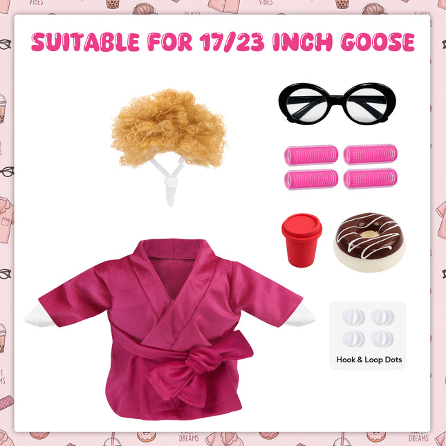 FLAIR GIFTS Porch Goose Robe Outfit Set for 23 Inch Goose Statue, Pink Flannel Bathrobe with Wig Curlers Coffee Cup Donut Glasses, Funny Home Relaxing Goose Clothes Decor (Pink)