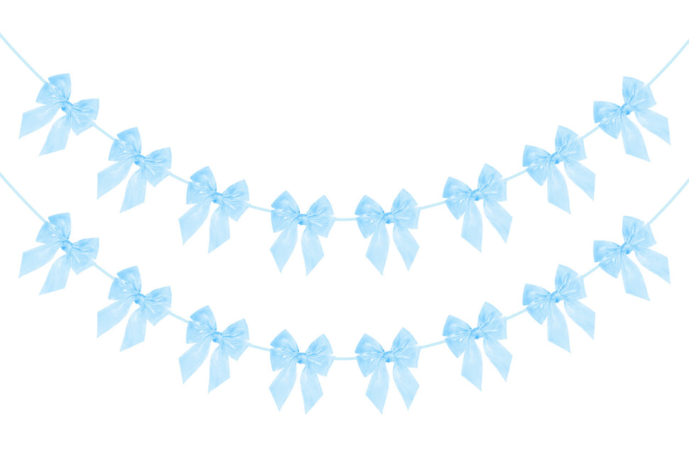 FLAIR GIFTS 2-String 6.5ft Blue Bows Garland Banner, 16 Pcs Pre-Strung Bows Party Decorations for Baby Shower, Birthday, Bridal Shower, Bachelorette Party, Tea Party Supplies