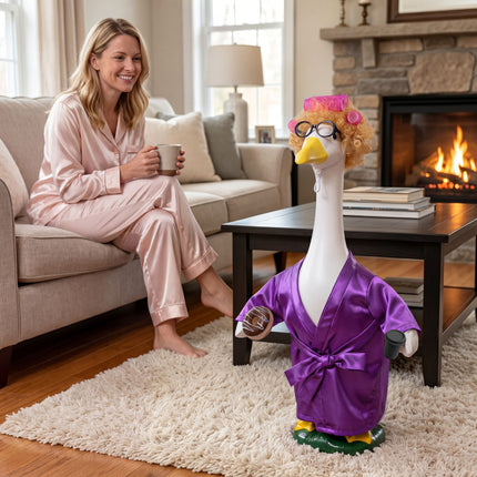FLAIR GIFTS Porch Goose Robe Outfit Set for 23 Inch Goose Statue, Purple Silk Bathrobe with Wig Curlers Coffee Cup Donut Glasses, Elegant Funny Goose Clothes Decor (Purple Silk)