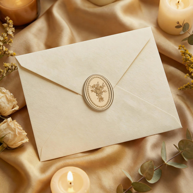 31mm Matte Gold Vintage Frame Bouquet Wax Seal Stickers - 50pcs Round Edge
