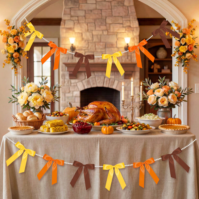 FLAIR GIFTS 2 Strings Fall Bow Garland Banner, 6.5ft Pearl Chain Pre-Strung 6 Satin Ribbon for Autumn Decor, Thanksgiving, Friendsgiving, Pumpkin Patch Party, Vintage Harvest Mantle Backdrop