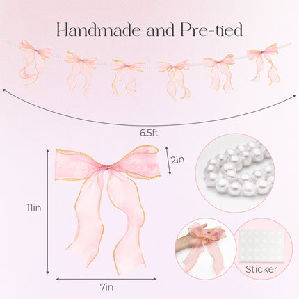 FLAIR GIFTS 2 Strings Pink Bow Garland Banner, Pre-Strung Fish-Tail Organza Ribbon with 6.5ft Pearl Chain for Coquette Birthday, Bachelorette Party, Baby Shower, Engagement, Anniversary Decor