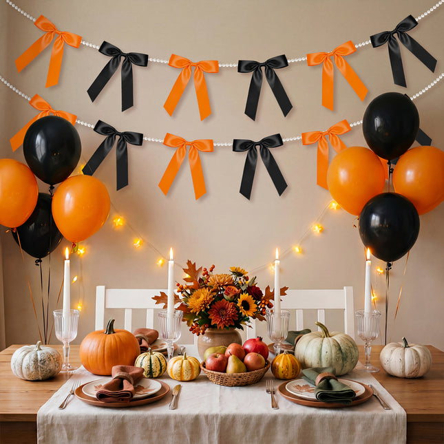 FLAIR GIFTS 2 Strings Halloween Bow Garland Banner, 6.5ft Pearl Chain Pre-Strung 6 Satin Ribbon for Gothic Coquette Decor, Spooky One Birthday, Orange and Black Party Garland & Mantle Backdrop