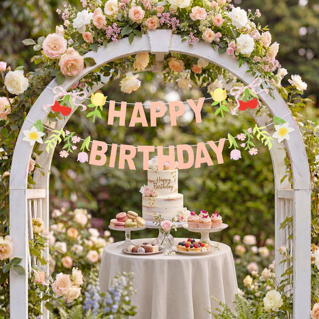 FLAIR GIFTS 2-Pack Happy Birthday Flower Felt Garland, 8ft Pre-Strung Floral Birthday Banner with Cherries & Blossoms, Reusable Pink Bunting for Garden Party, Nursery, Cottagecore Girls Birthday Decor