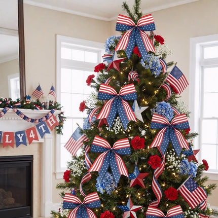4th of July Decoration, 12 Pcs Patriotic Burlap Bows 6x6 Inch, Memorial Day Decorations Bows with Burlap Strip, Fourth of July Garland for Independence Day, Firepalce Wreath 250th Anniversary Decor