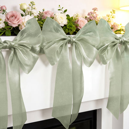 FLAIR GIFTS 1-String 6.5ft Sage Green Bows Garland Banner, 6 Pcs Pre-Strung Bow Party Decorations for Birthday, Bachelorette Party, Girly Pink Party Supplies, Baby Shower, Bridal Shower