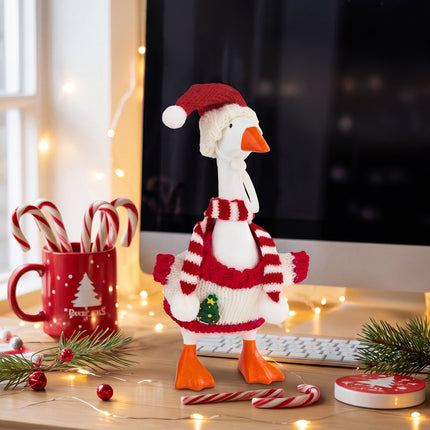 FLAIR GIFTS 4 Sets 7 Inch Desk Goose Christmas Outfits, Knit Sweater Santa Hat Scarf Gloves & Accessories with Hanger Stand for Desktop Goose Statue Holiday Decor Gift