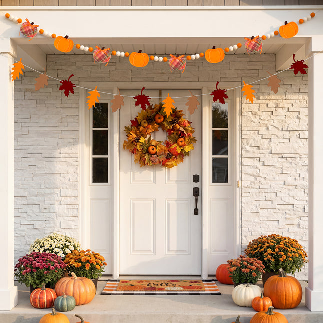 FLAIR GIFTS 2-Pack Fall Felt Garland, 8ft 3D Stuffed Pumpkin & Maple Leaves Banner with Pom Poms, Pre-Strung Autumn Bunting for Thanksgiving Mantel, Farmhouse Halloween Decor, Harvest Party Supplies