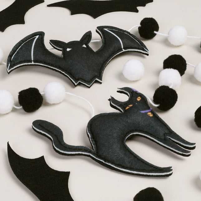 FLAIR GIFTS 2-Pack Halloween Felt Bat & Black Cat Garland, Pre-Strung 8ft 3D Stuffed Bat Banners with Pom Poms, Reusable Spooky Mantle Decor for Home, Office, Classroom Party Supplies