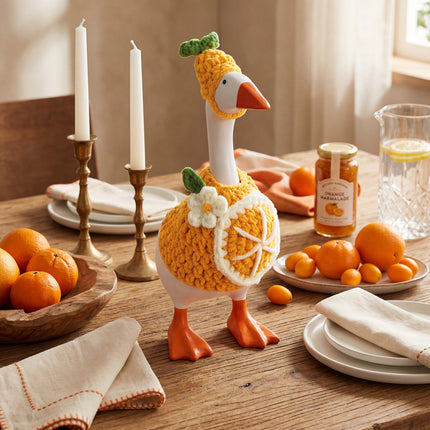 7 Inch Desk Goose Outfits Orange, Handmade Knit Costume 2 PCs with Hat & Dress for Desktop Goose Statue Clothes Accessories Decor Gift