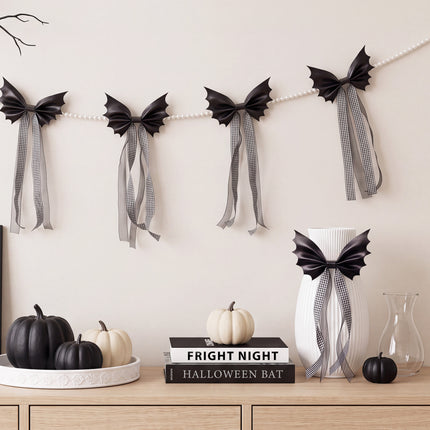 FLAIR GIFTS Halloween Spooky Gothic Black Bat Bow Garland, 6.5 Ft Pre-Strung PU Leather Banner Decor with 4 Extra DIY Bows for Fireplace Mantel Wall Home Decor