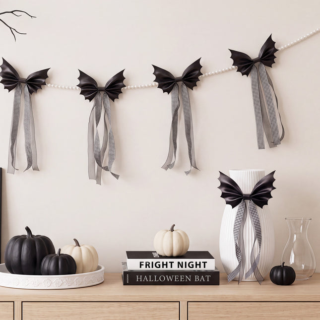 FLAIR GIFTS Halloween Spooky Gothic Black Bat Bow Garland, 6.5 Ft Pre-Strung PU Leather Banner Decor with 4 Extra DIY Bows for Fireplace Mantel Wall Home Decor