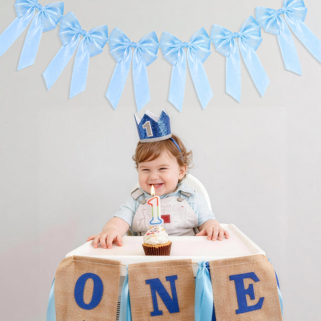 FLAIR GIFTS 1-String 6.5ft Blue Bows Garland Banner, 6 Pcs Pre-Strung Bows Party Decorations for Baby Shower, Birthday, Bridal Shower, Bachelorette Party, Tea Party Supplies