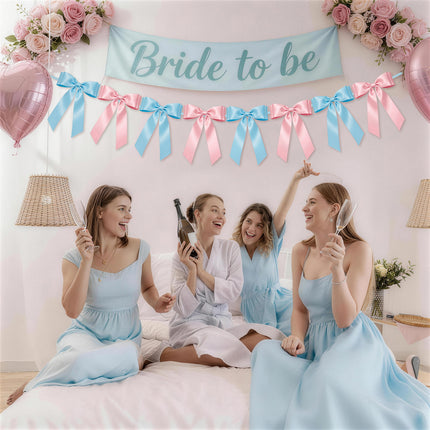 1-String Pink & Blue Bow Garland Banner, 8 Pre-Strung Double-Loop Satin Ribbon Bows, Valentines Day Decor for Baby Shower Bridal, Birthday & Wedding Party, Reusable Girls Coquette Room Wall Decor