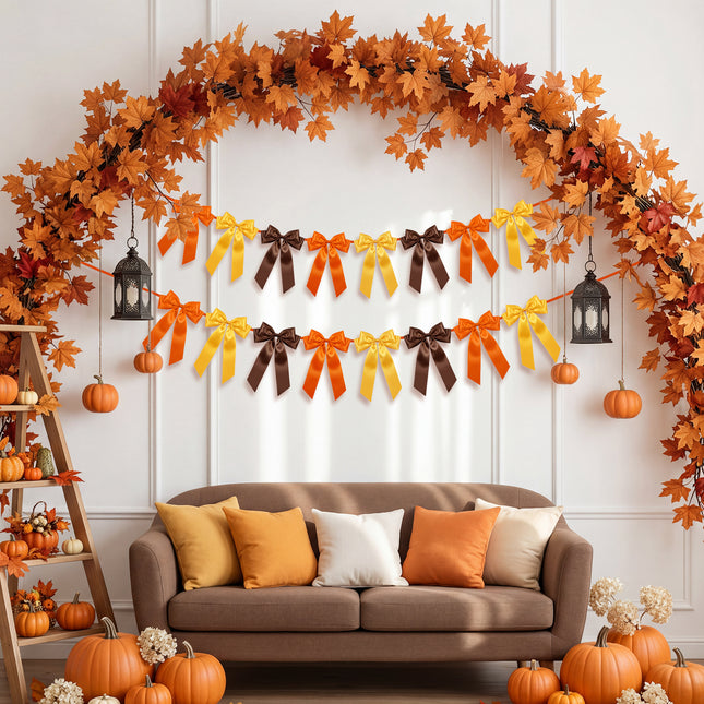 1-String Vintage Fall Bow Garland, 8 Pre-Strung Brown& Orange& Yellow Double-Layer Satin Ribbon Bows Banner, Reusable Autumn Thanksgiving Wall Mantel Decor