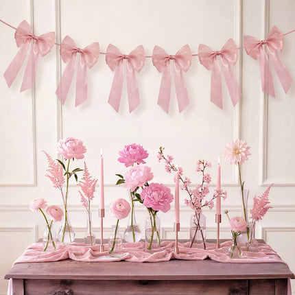FLAIR GIFTS 1-String 6.5ft Dusty Rose Bows Garland Banner, 6 Pcs Pre-Strung Bow Party Decorations for Coquette Birthday, Bachelorette Party, Girly Pink Party Supplies, Baby Shower, Bridal Shower