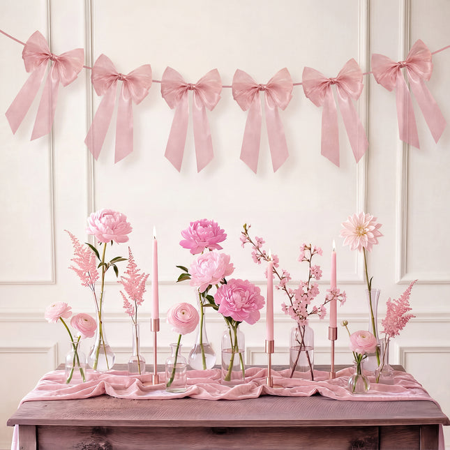 FLAIR GIFTS 1-String 6.5ft Dusty Rose Bows Garland Banner, 6 Pcs Pre-Strung Bow Party Decorations for Coquette Birthday, Bachelorette Party, Girly Pink Party Supplies, Baby Shower, Bridal Shower