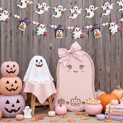 FLAIR GIFTS 2-Pack Halloween Ghost Felt Garland, 8ft 3D Cute Ghost Banner with Pom Poms, Pre-Strung Pastel Pink & Purple Halloween Decorations for Home, Fireplace Mantel, Classroom, Party Décor