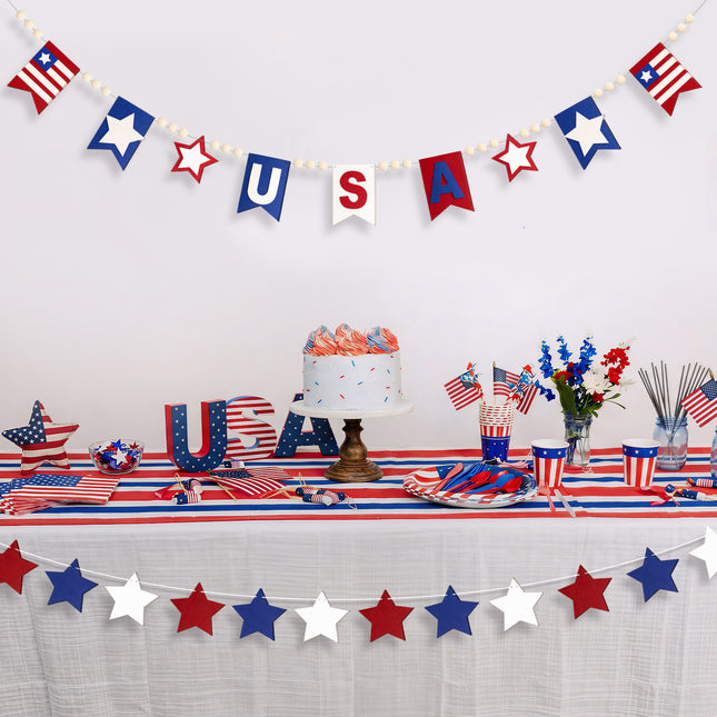 Flair Gifts 2 Pack 4th of July Garland, 6.5ft Felt Patriotic USA Garland for Mantel Red White Blue Star w/Wood Bead Flag Banner Decor for 250th Anniversary Independence Day Veterans Memorial Party