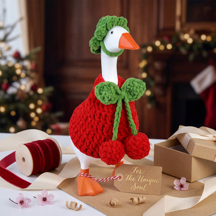 7 Inch Desk Goose Outfits Cherry, Handmade Knit Costume 2 PCs with Hat & Dress for Desktop Goose Statue Clothes Accessories Decor Gift