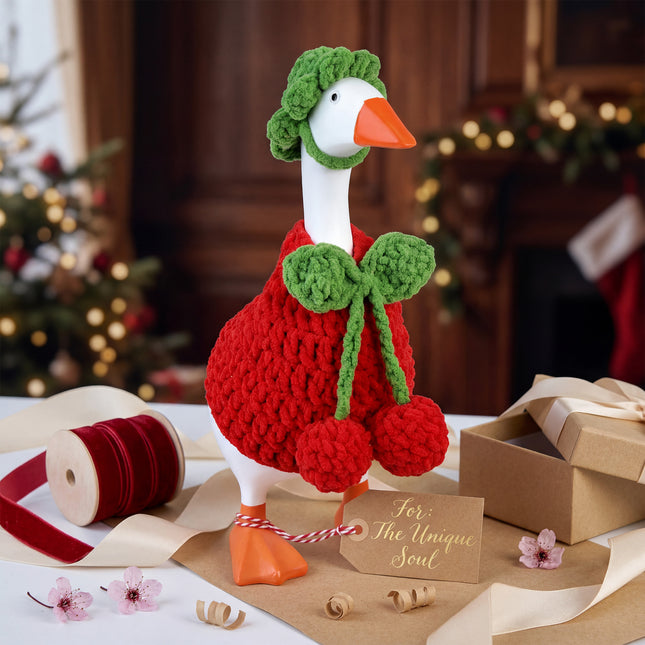 7 Inch Desk Goose Outfits Cherry, Handmade Knit Costume 2 PCs with Hat & Dress for Desktop Goose Statue Clothes Accessories Decor Gift