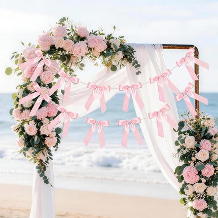 2 Strings Pink & White Bow Garland Banner, Pre-Strung Satin Ribbon with 6.5ft Pearl Chain for Coquette Birthday, Bridal Shower, Bachelorette Party, Baby Shower, Engagement, Anniversary Decor