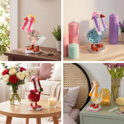 FLAIR GIFTS 4 Sets 7 Inch Desk Goose Outfits, Cute Dress with Braided Wig Hat, Mini Handbag & Hanger Stand for Desktop Goose Statue Clothes Accessories Decor