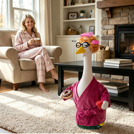 FLAIR GIFTS Porch Goose Robe Outfit Set for 23 Inch Goose Statue, Pink Flannel Bathrobe with Wig Curlers Coffee Cup Donut Glasses, Funny Home Relaxing Goose Clothes Decor (Pink)