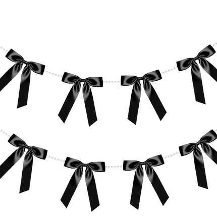 FLAIR GIFTS 2 Strings Black Bow Garland Banner, 6.5ft Pearl Chain Pre-Strung Satin Ribbon for Halloween Gothic Decor, Death to My 20s Birthday, Bachelorette, Black Tie Party & Modern Wedding Backdrop