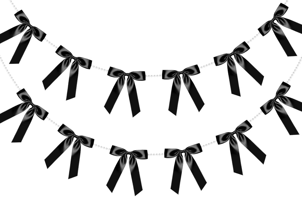 FLAIR GIFTS 2 Strings Black Bow Garland Banner, 6.5ft Pearl Chain Pre-Strung Satin Ribbon for Halloween Gothic Decor, Death to My 20s Birthday, Bachelorette, Black Tie Party & Modern Wedding Backdrop