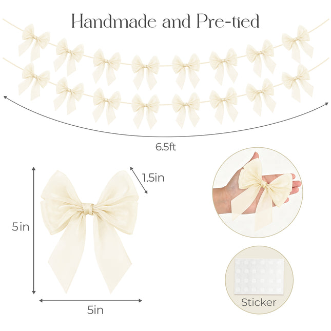 FLAIR GIFTS 2-String 6.5ft Ivory White Bows Garland Banner, 16 Pcs Pre-Strung Bows Party Decorations for Bridal Shower, Birthday, Bachelorette Party, Baby Shower, Tea Party Supplies