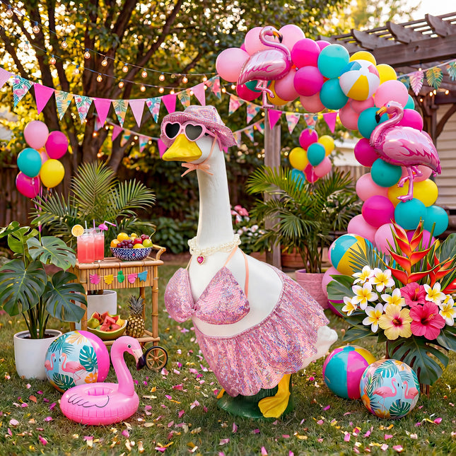 FLAIR GIFTS Pink Bikini Goose Clothes Set with Sunglasses Necklace Hat, Pink Sequin Swimming Suits Porch Goose Outfits for 23 Inch Goose Statue, Summer Pool Party Garden Decor (Pink)