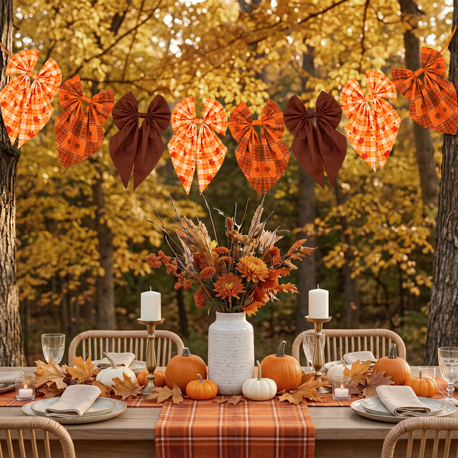 Fall Bow Garland Vintage Plaid Maple Leaf Harvest Decor 8 Ft Banner