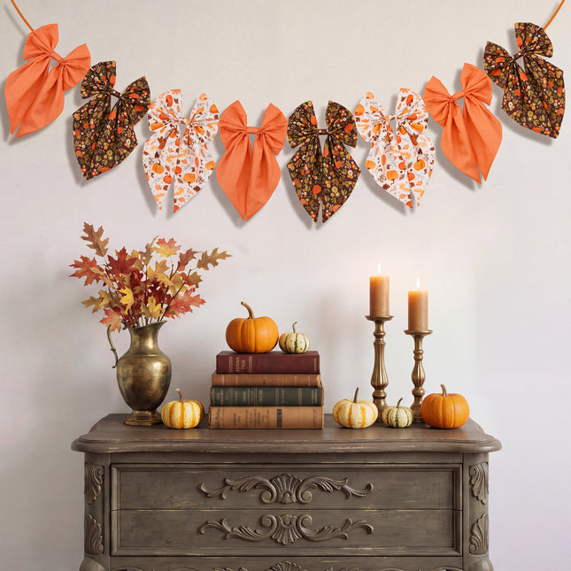 Fall Bow Garland Vintage Pumpkin Maple Leaf Harvest Decor 8 Ft Banner